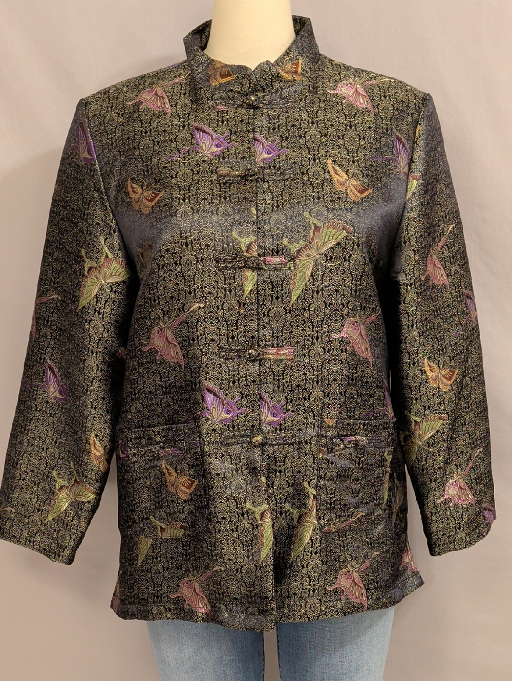 Black Butterfly Silk Blend Brocade Mandarin Band Collar Jacket by Robert Louis